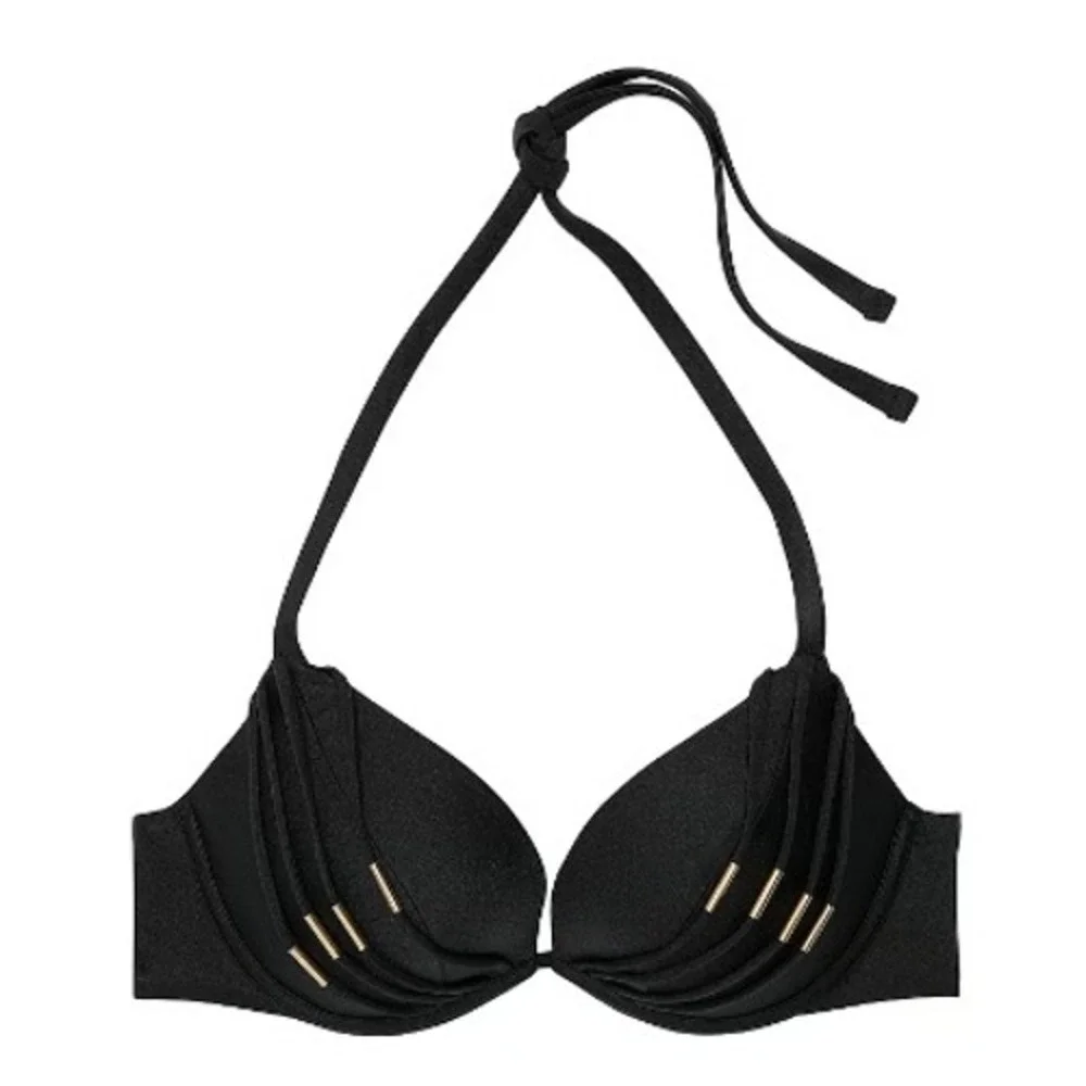 Victoria's Secret Swim Banded Push-Up Bikini Top 34DD Black Halter Glam Beach
